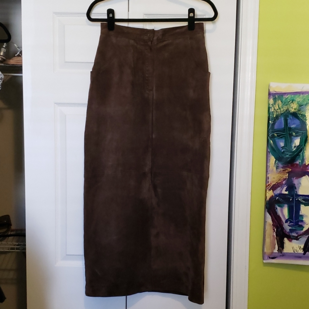 Long Brown Suede Leather Skirt